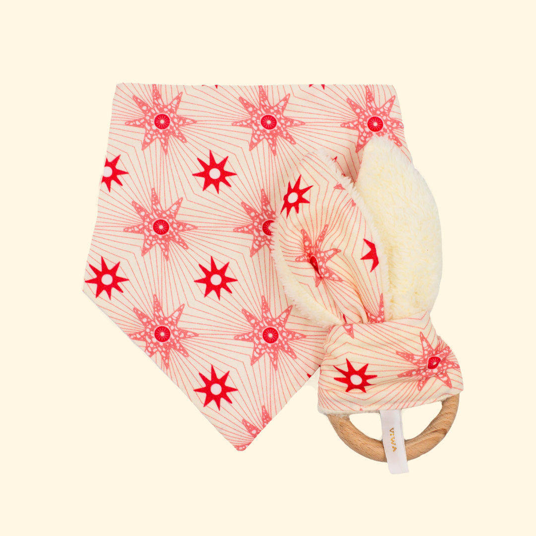 Coffret cadeau de naissance Étoile LÉTI - Bavoir et hochet en coton bio Rose - Made in France - Cadeau de naissance