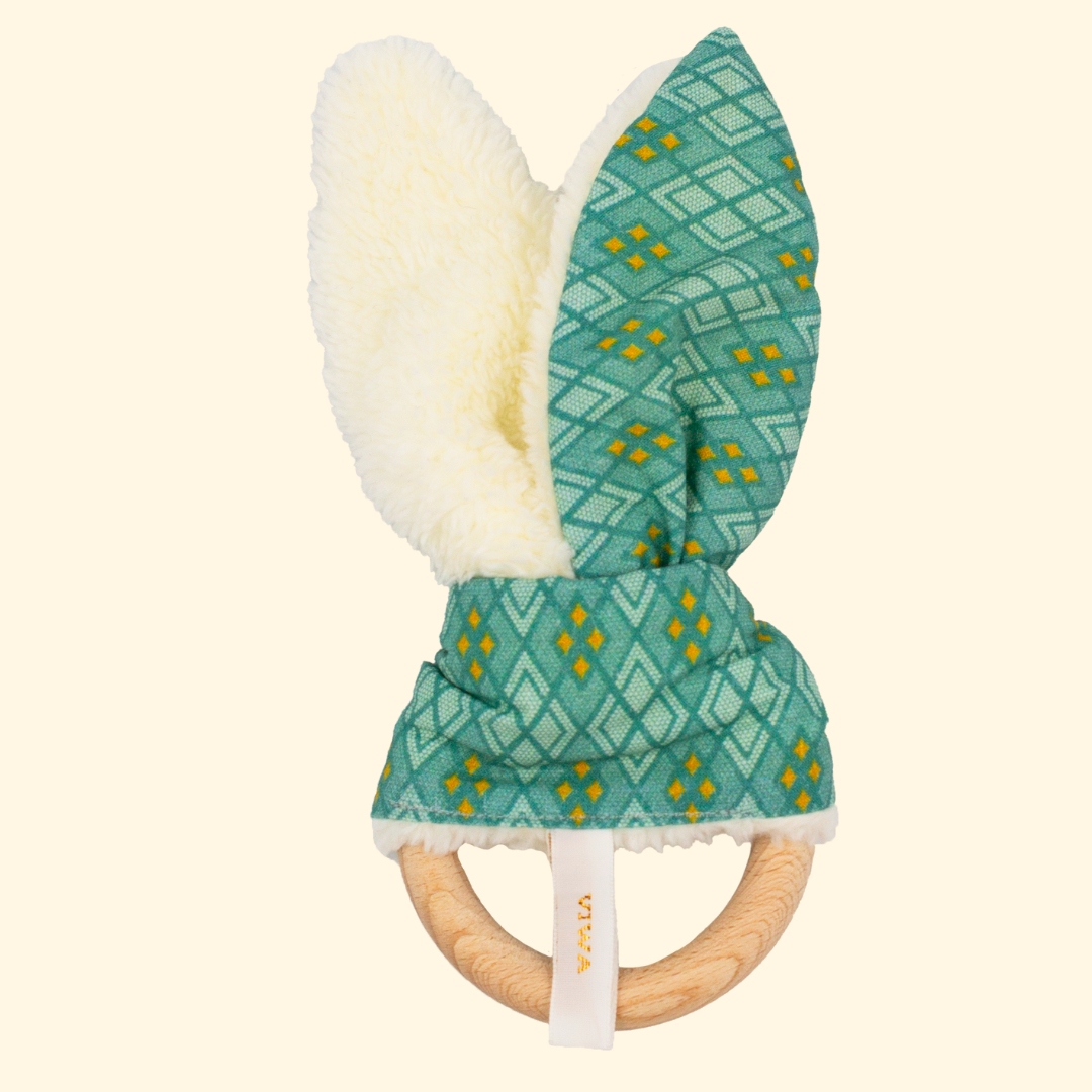 Hochet de dentition bio - Jouet de bébé écologique Vert - Made in France - nom PENDO - Cadeau de naissance