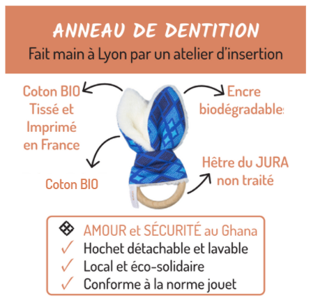 Hochet de dentition bio - Jouet de bébé écologique Orange - Made in France - nom PENDO - Cadeau de naissance