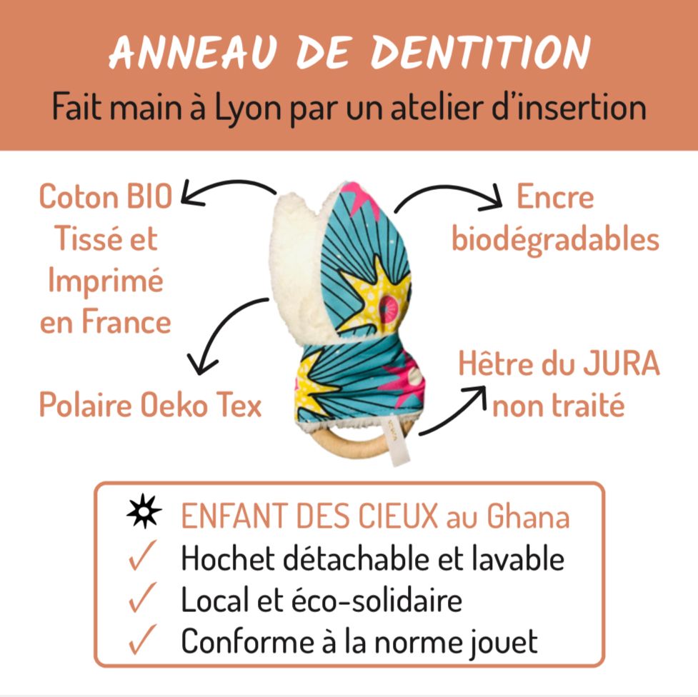 Hochet de dentition Étoile bio - Jouet de bébé écologique Rose - Made in France - nom LÉTI - Cadeau de naissance