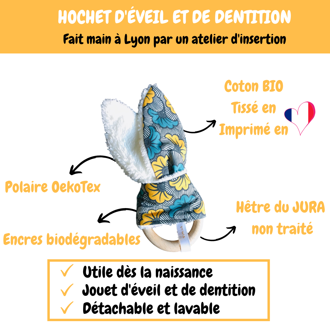 Coffret cadeau de naissance Étoile LÉTI - Bavoir et hochet en coton bio Rose - Made in France - Cadeau de naissance
