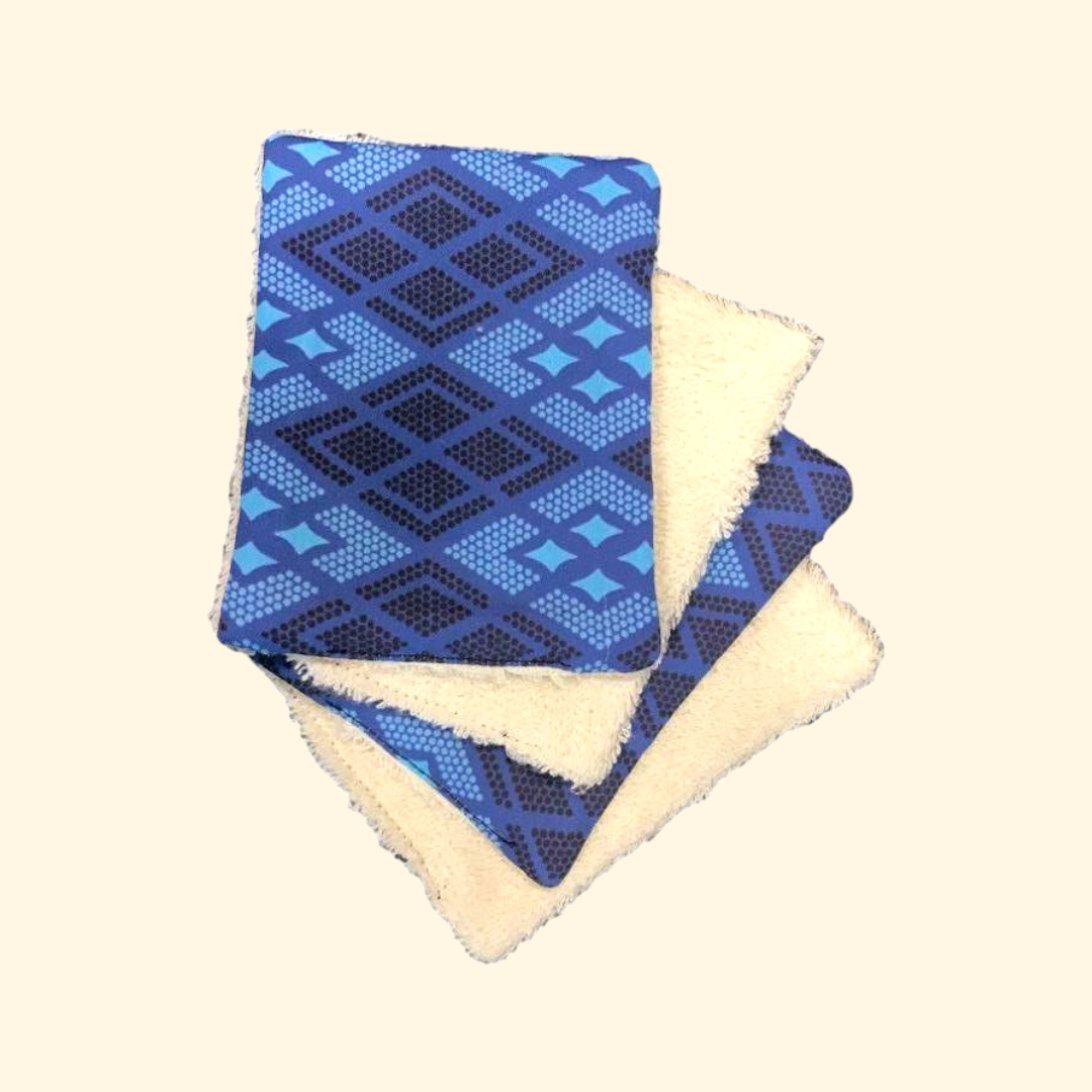 Lingettes lavables 10cm/13cm (par 4) - imprimé BIO Eban bleu - éponge bio