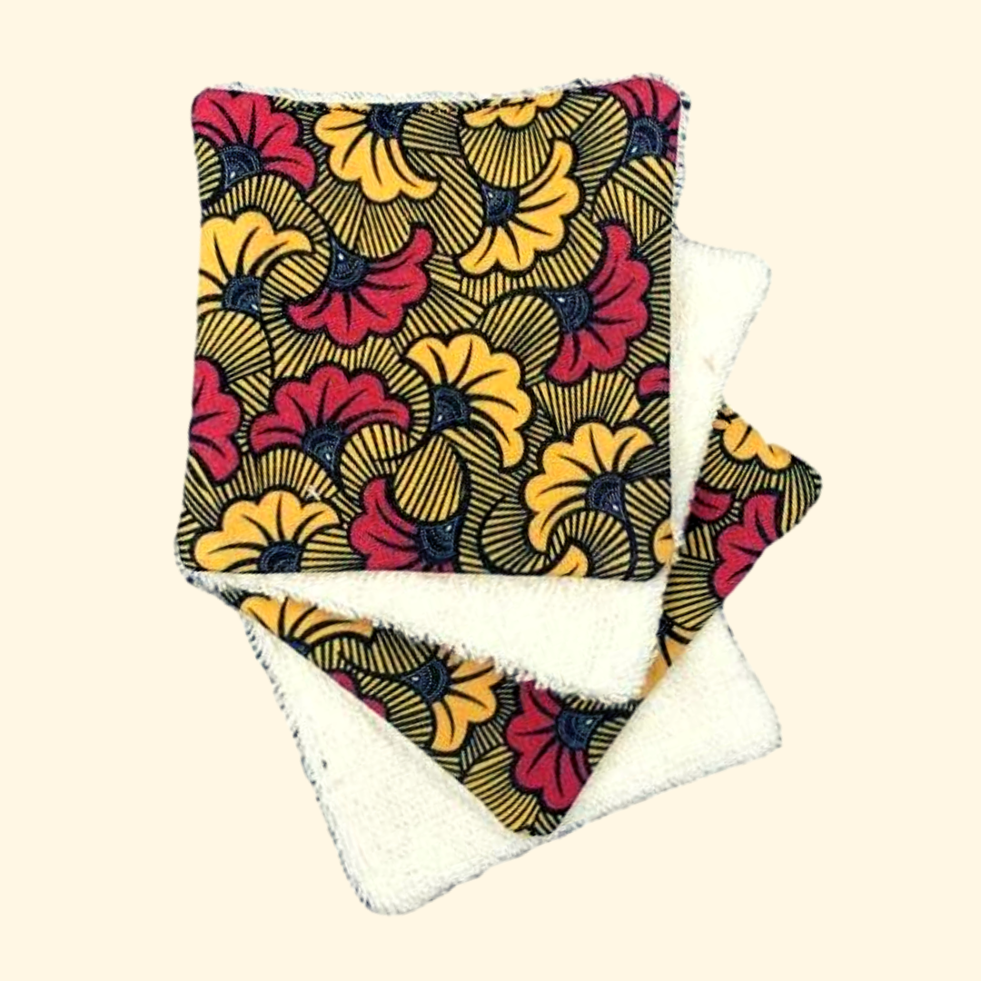 Lingettes lavables 10cm/10cm (par 4) - wax AYANA rouge et jaune - éponge bio