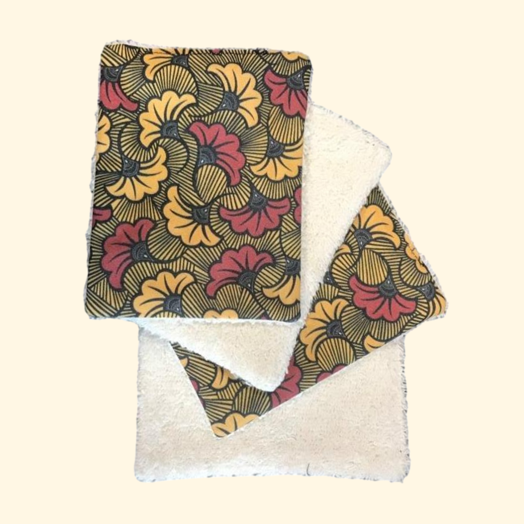 Lingettes lavables 10cm/13cm (par 4) - imprimé BIO AYANA rouge et jaune - éponge bio